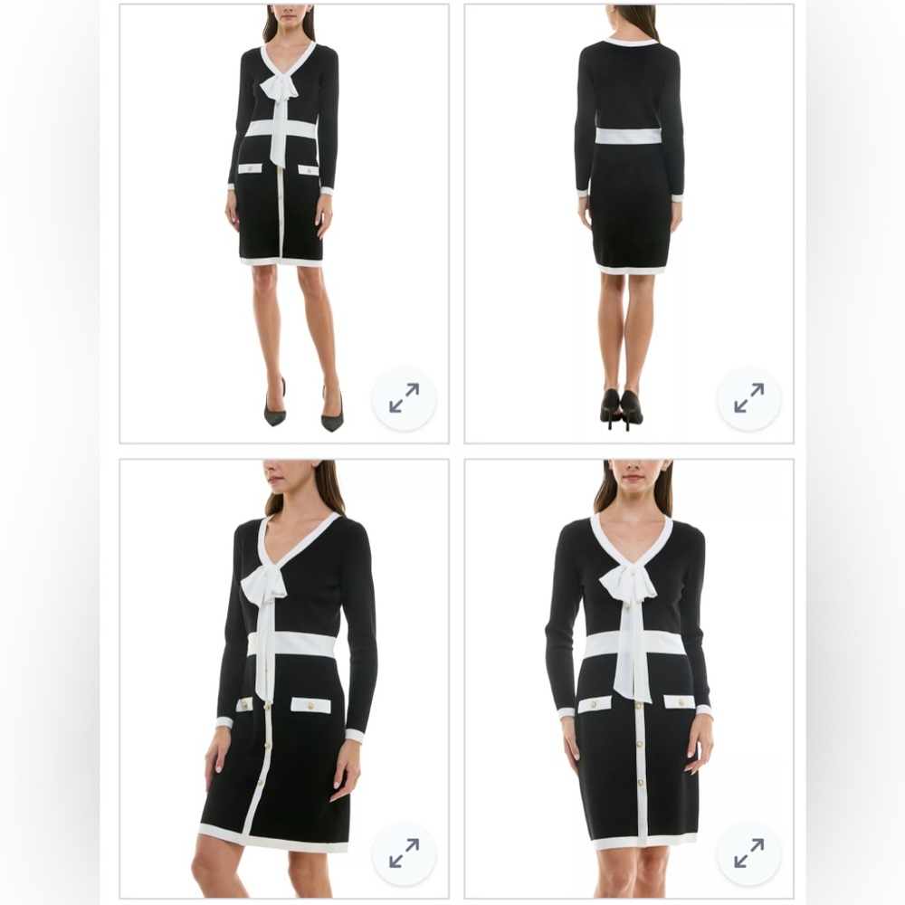Taylor Elegant Black & White Long Sleeve Dress with Attached Bow & Faux Buttons